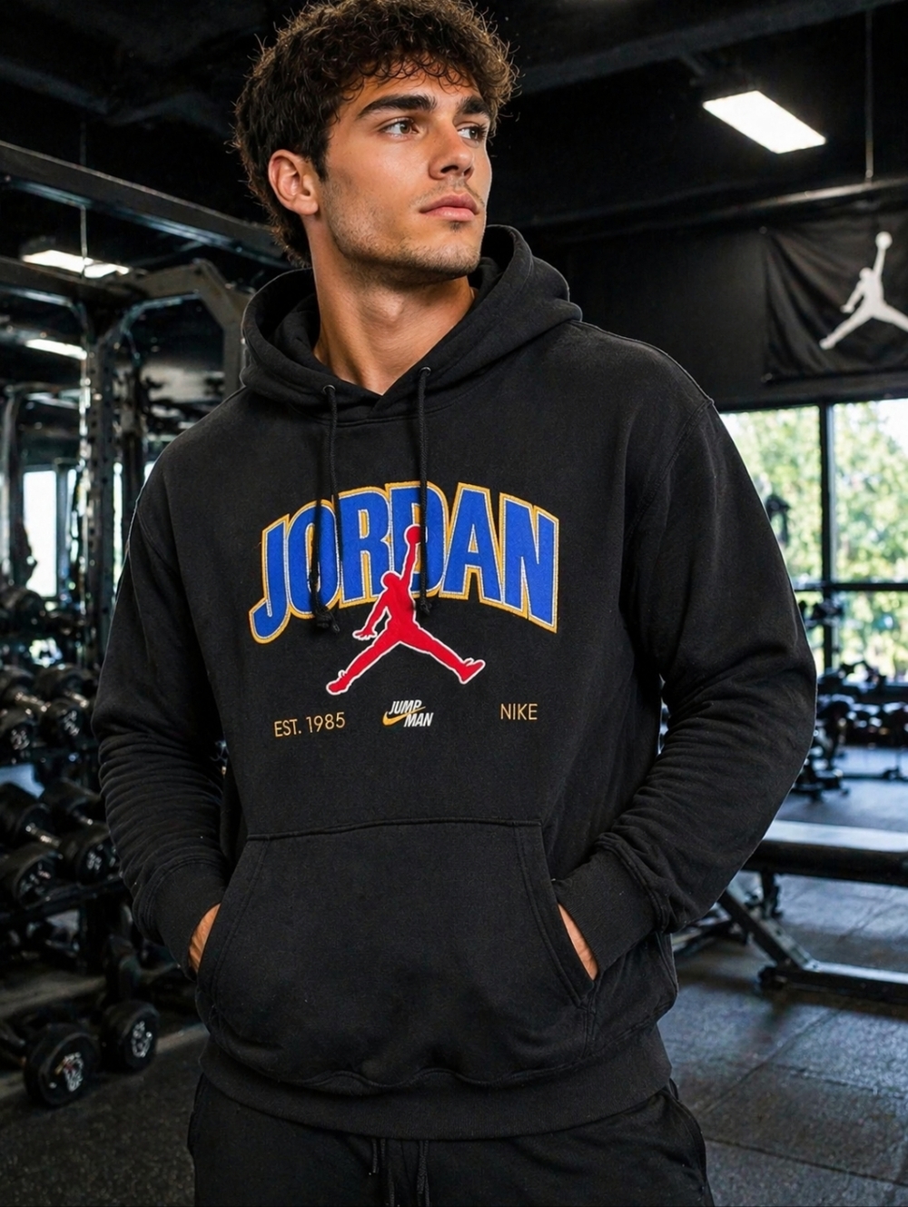 NIKE JORDAN Jumpman Hoodie Mens Medium Black Blue Yellow Athleisure Streetwear